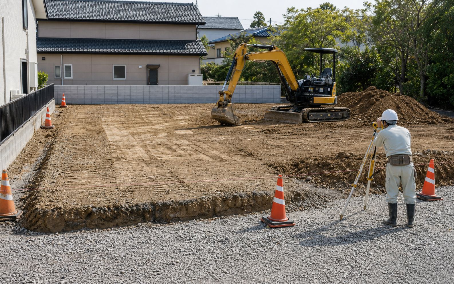 住宅建築前の造成と土工事の現場