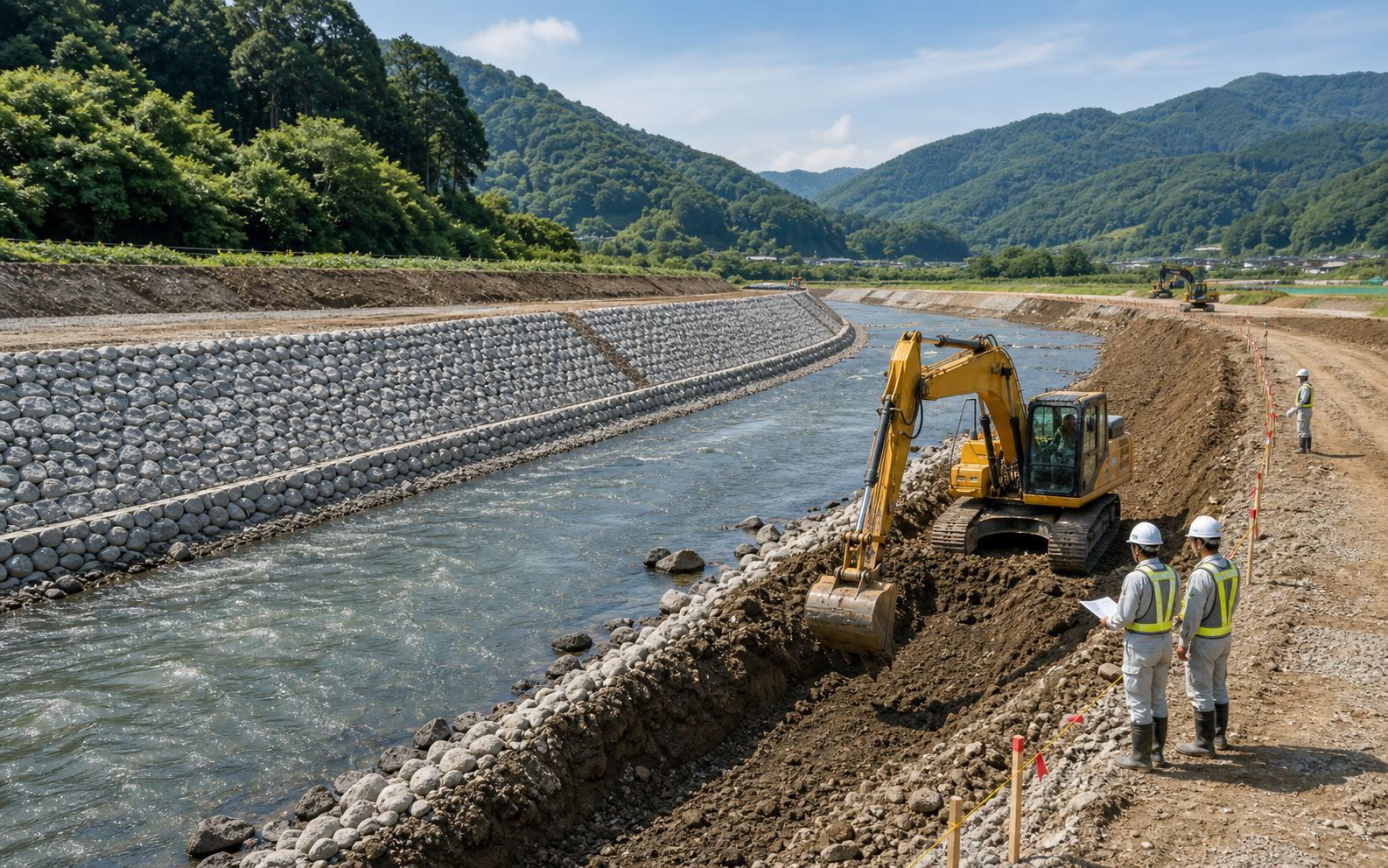 河川の掘削と護岸整備を進める河川工事の現場