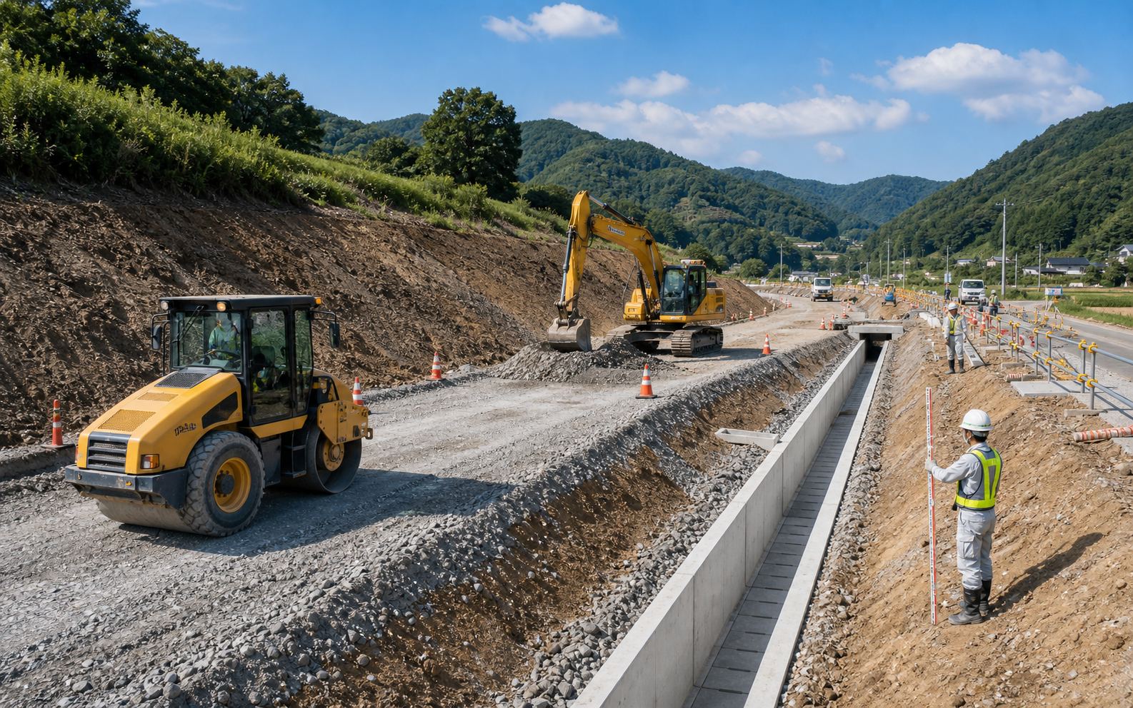 路盤整備と側溝設置を進める道路工事の現場