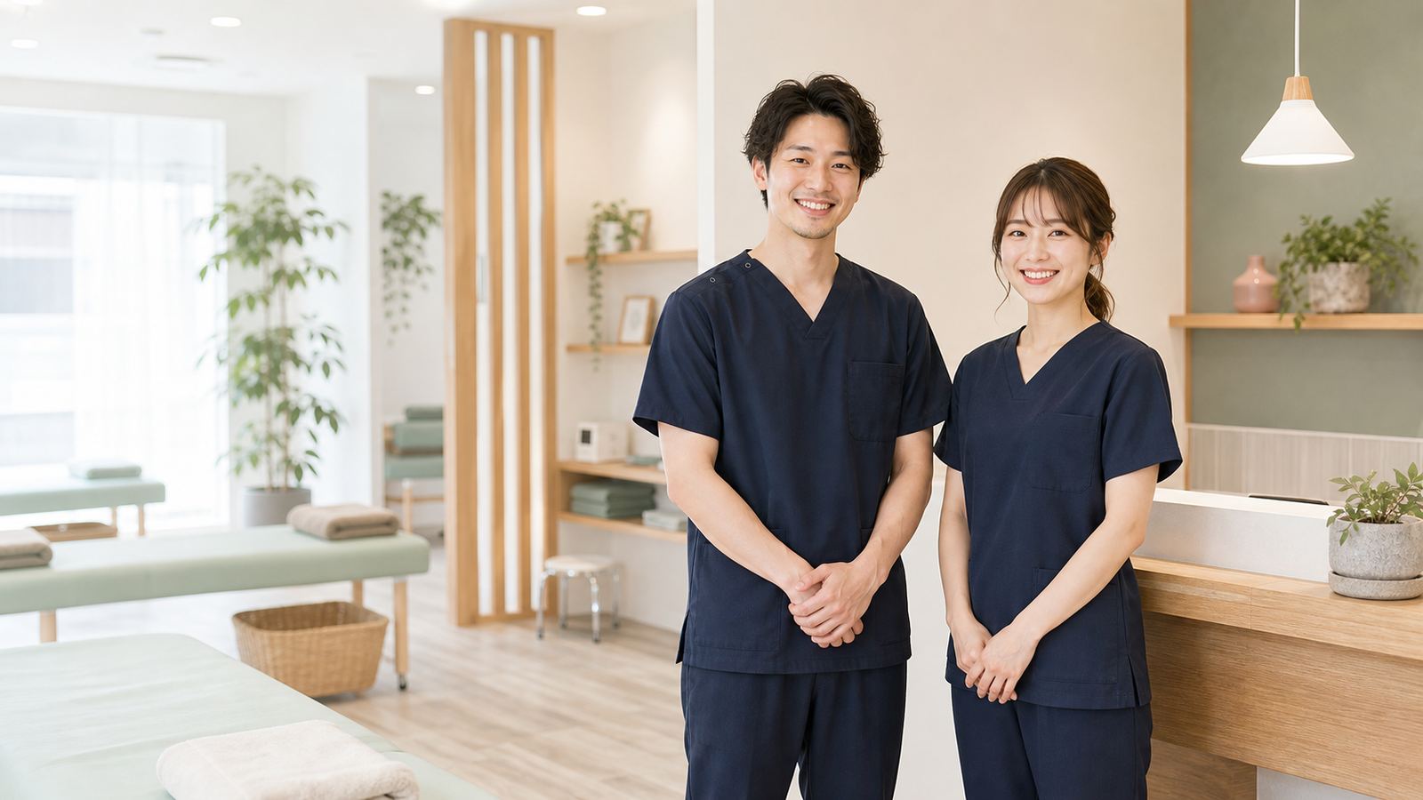 清潔感のある整骨院の受付と施術スペース